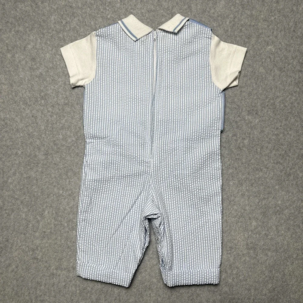 Vintage Baby Togs Overalls Outfit 3-6 Months Dog Puppy Seersucker Baby Blue NWOT